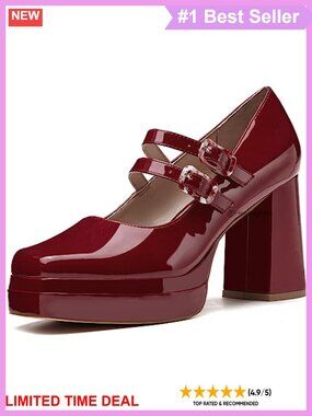Platform Mary Jane Pumps Chunky Block Heel Square Toe Rhinestone Strap